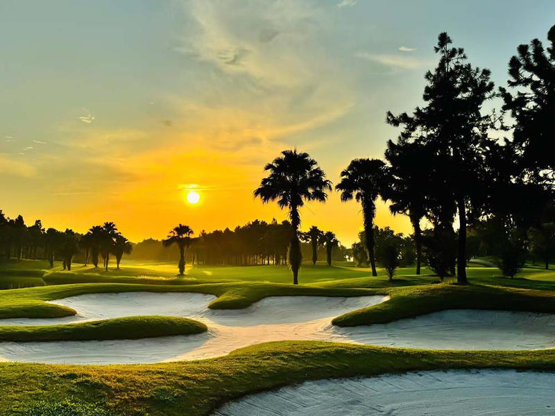Golfer chuẩn bị cú phát bóng driver trên fairway rộng lớn tại Heron Lake Golf Course